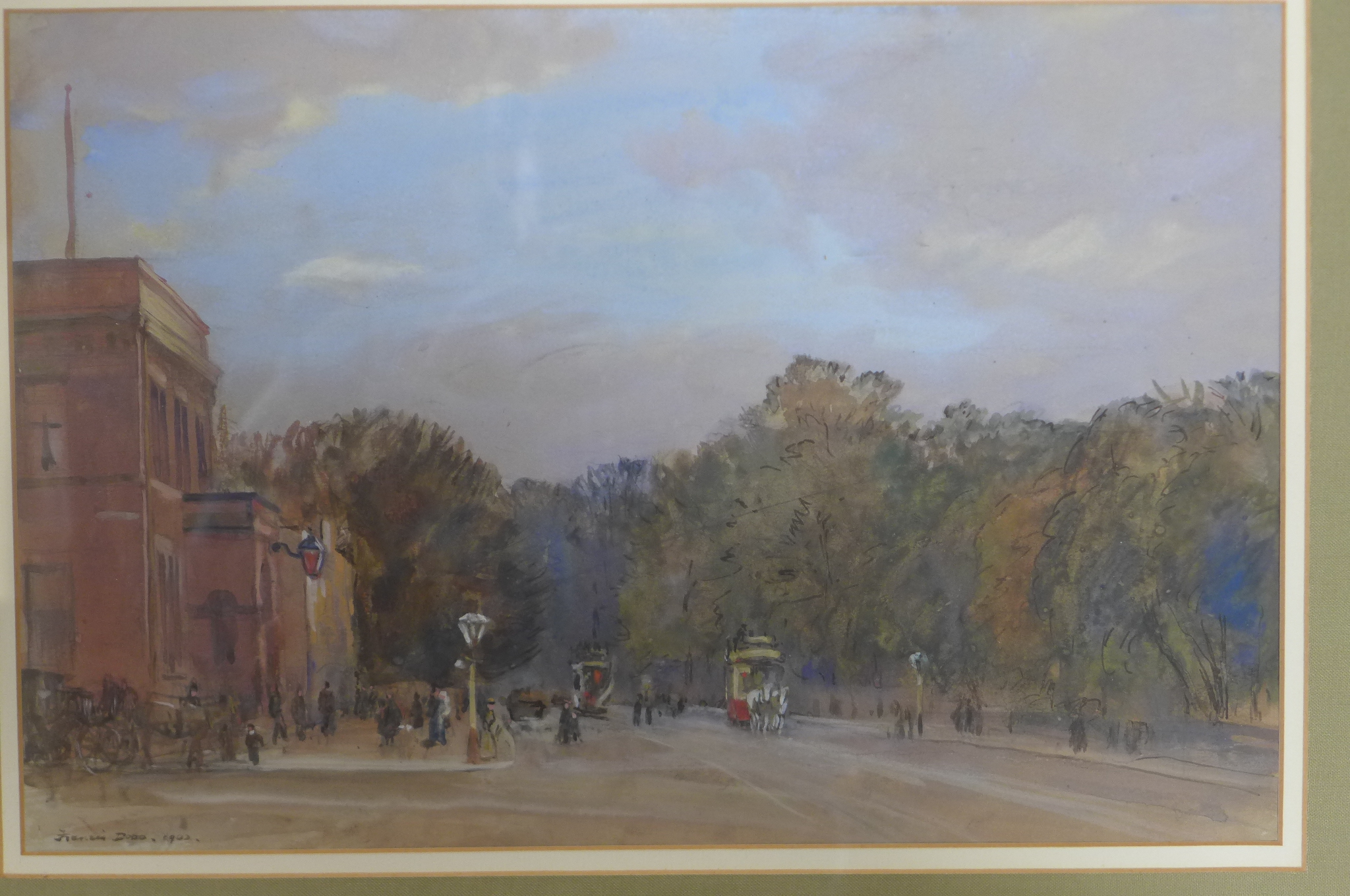 Francis Dodd watercolour dated 1902, trams in London in a gilt frame, 41cm x 51cm - Image 2 of 4
