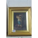 Oil on painting on wooden panel, swordsman drinking in a tavern, in a gilt frame, unsigned, 34cm x