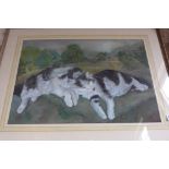 E Rickett - two cats reclining in a landscape, pastels, signed and dated 1983 - 78x60cm overall - in