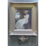 An oil on canvas of a seated lady before a landscape in a gilt frame 46cm x 39cm