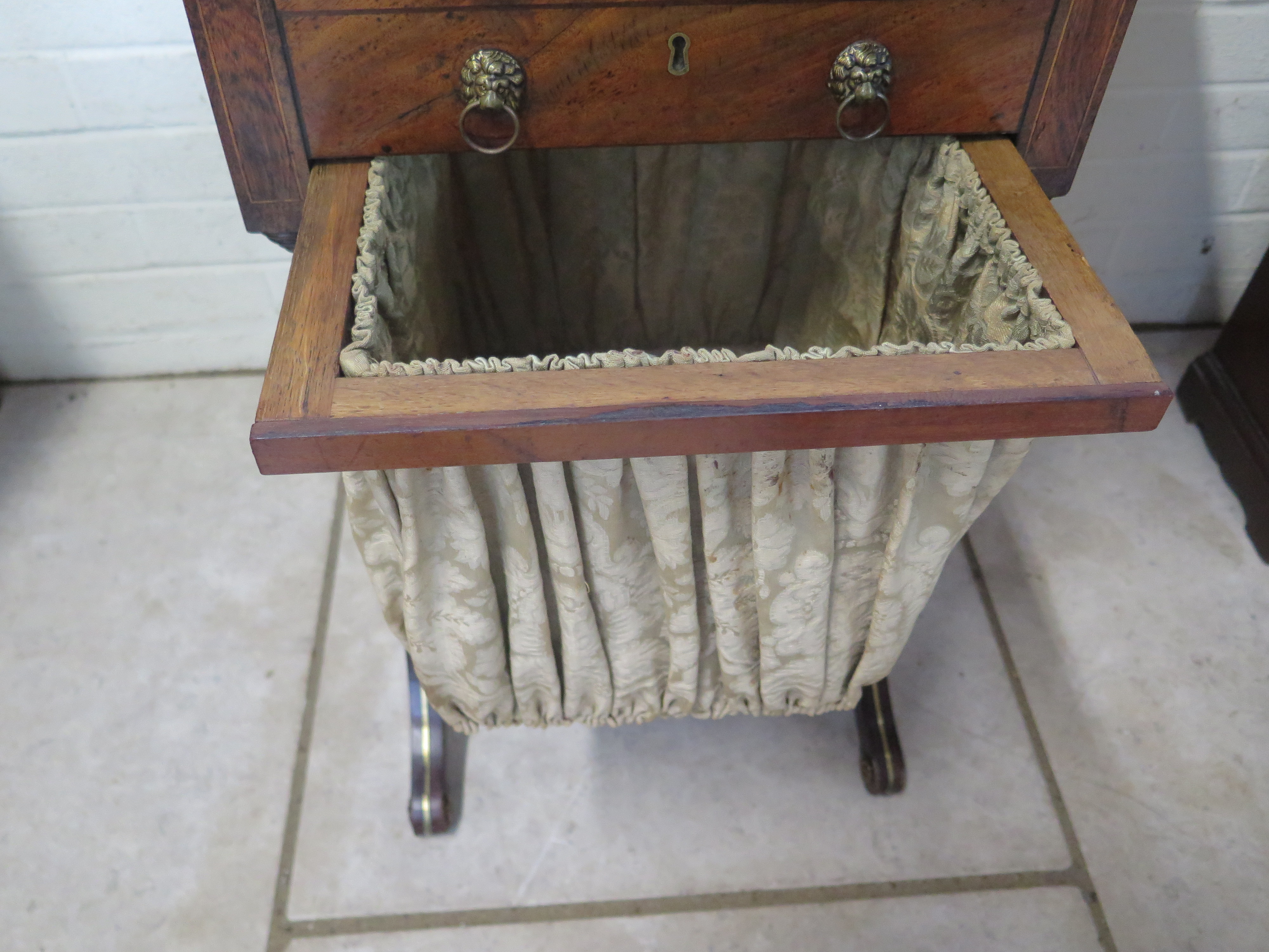 A 19th century mahogany and cross banded work box, with drop flaps, two drawers and a pull out - Image 2 of 3
