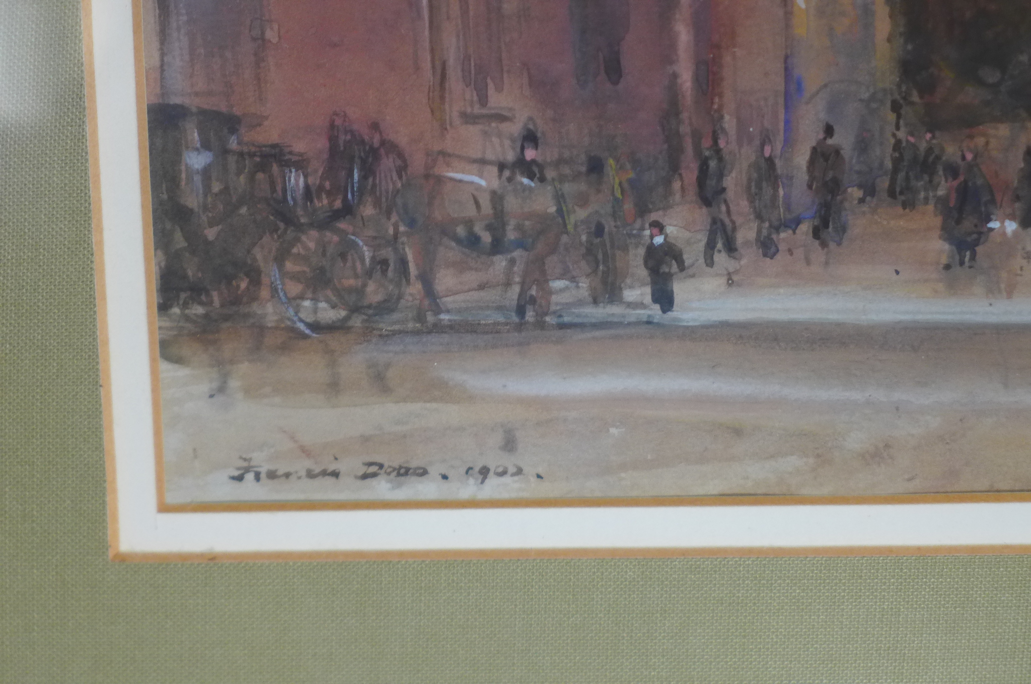 Francis Dodd watercolour dated 1902, trams in London in a gilt frame, 41cm x 51cm - Image 3 of 4