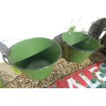 A pair of green enamel boiling pans, ideal for planting, 41cm high, 60cm wide