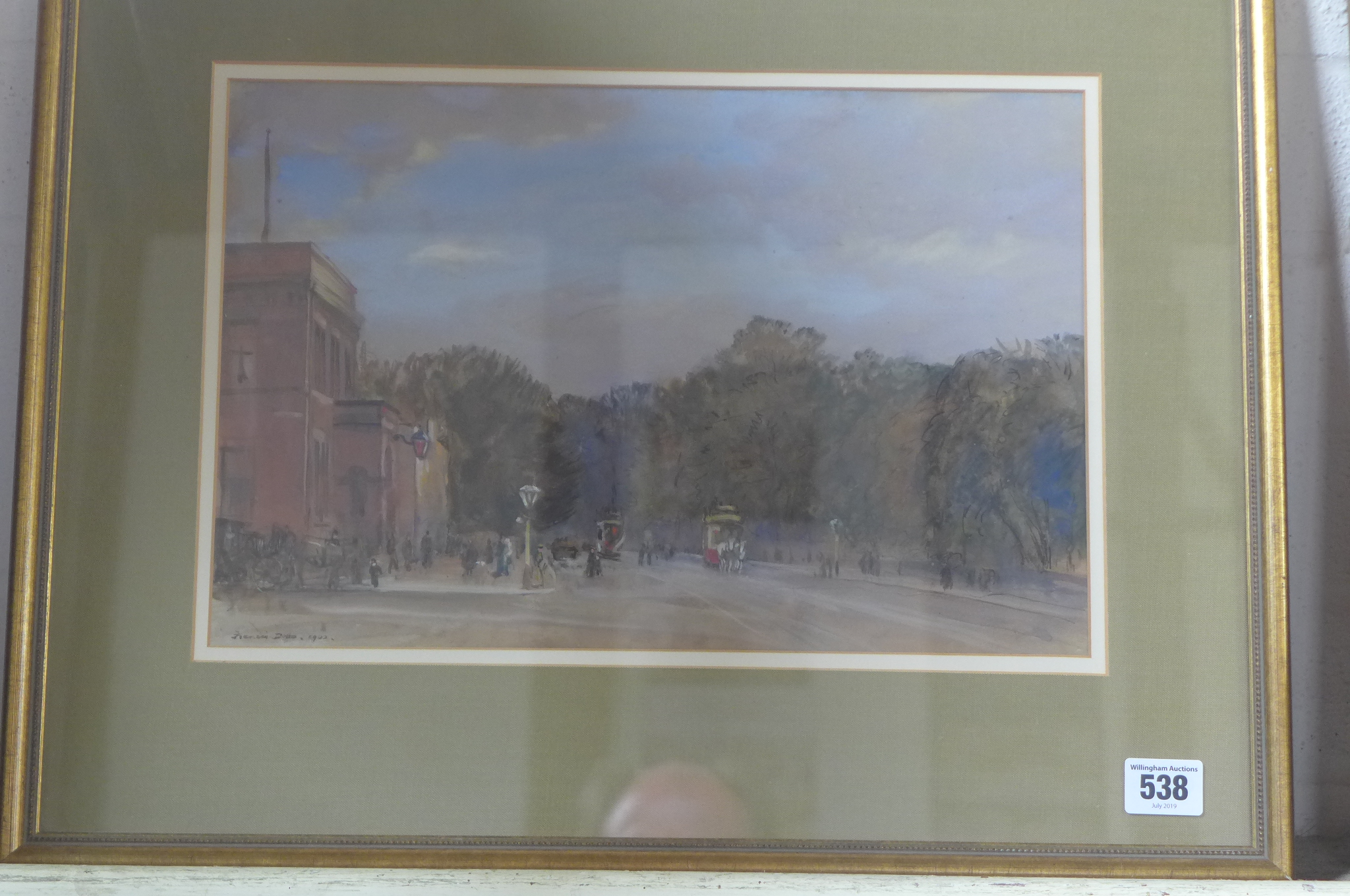 Francis Dodd watercolour dated 1902, trams in London in a gilt frame, 41cm x 51cm