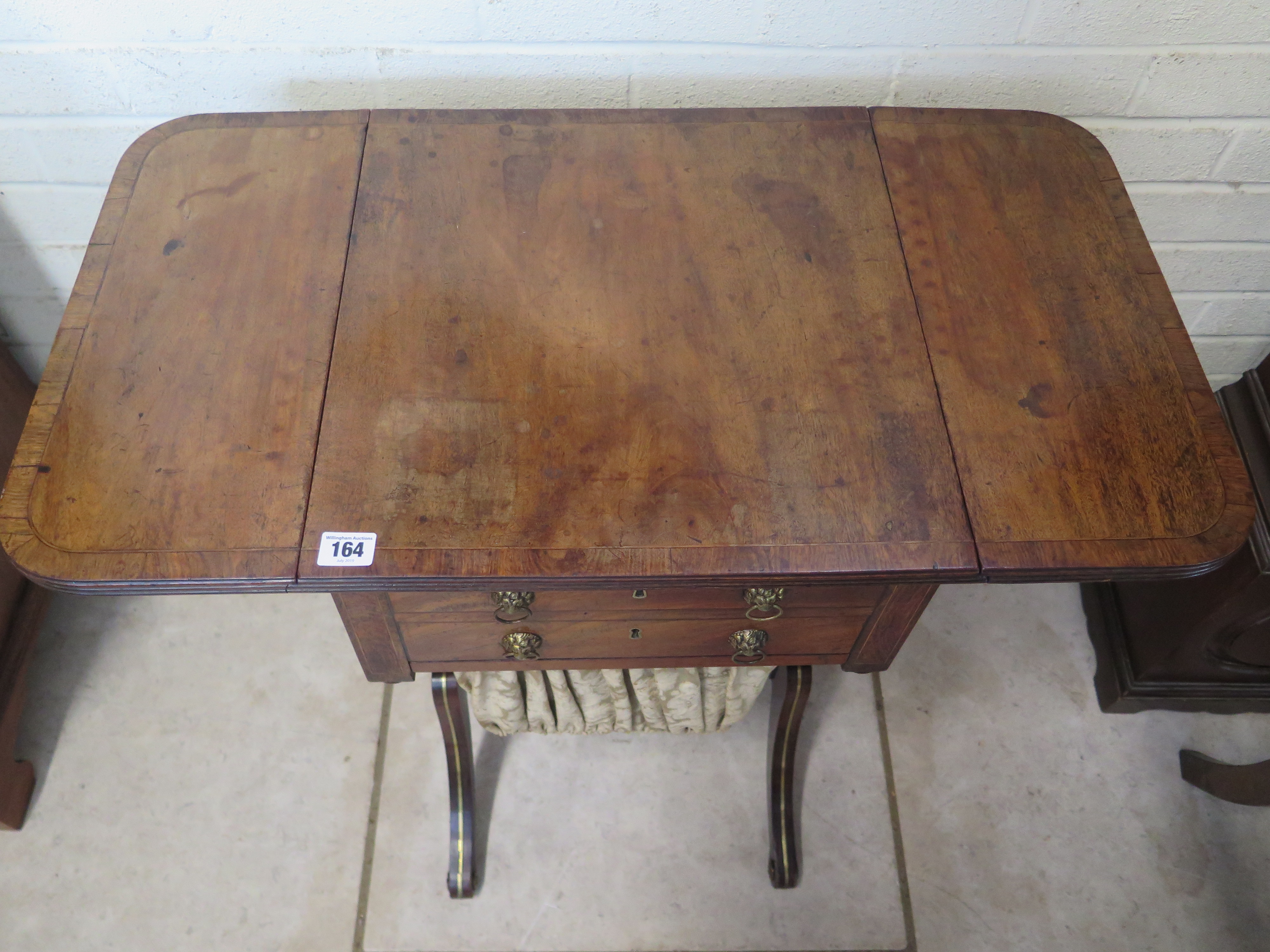 A 19th century mahogany and cross banded work box, with drop flaps, two drawers and a pull out - Image 3 of 3