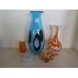 A large 1960s blue glass vase together with two others and two bowls, height of the tallest is