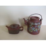 A Chinese red ware and agate square teapot, approx 6cm high, a painted Chinese red ware teapot,