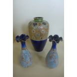 A 19th century Royal Doulton stoneware vase, approx 23cm high, and a pair of Royal Doulton spill