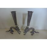 A pair of 19th century silver dragon spill vases, makers mark under dragons head, height 16.5cm,