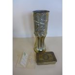 A WWI princess Mary tin with card and a trench art vase, 29cm tall