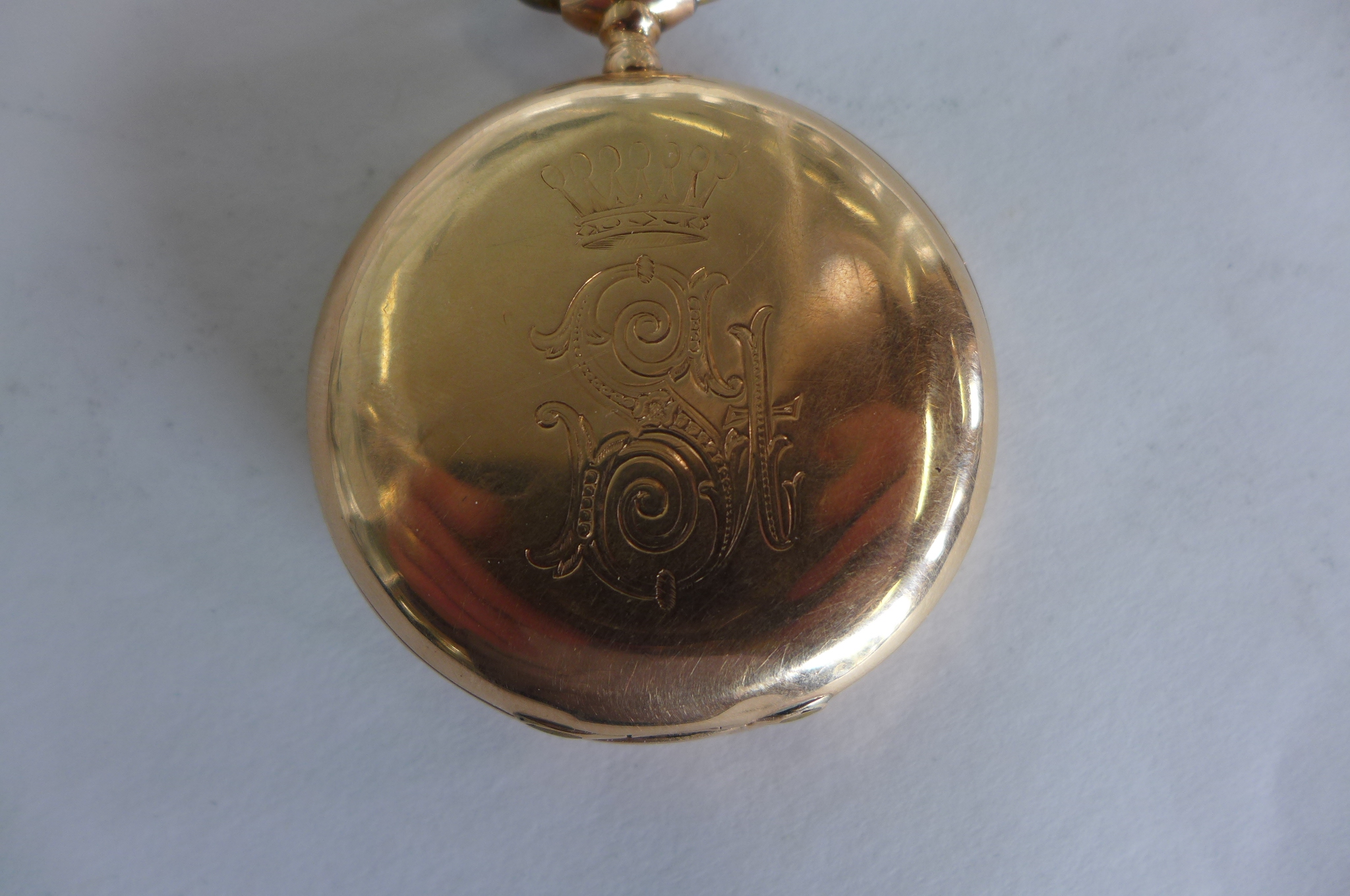 A 14ct yellow gold Hunter pocket watch, 5cm wide with base metal dust cover, approx 80 grams - - Image 6 of 6