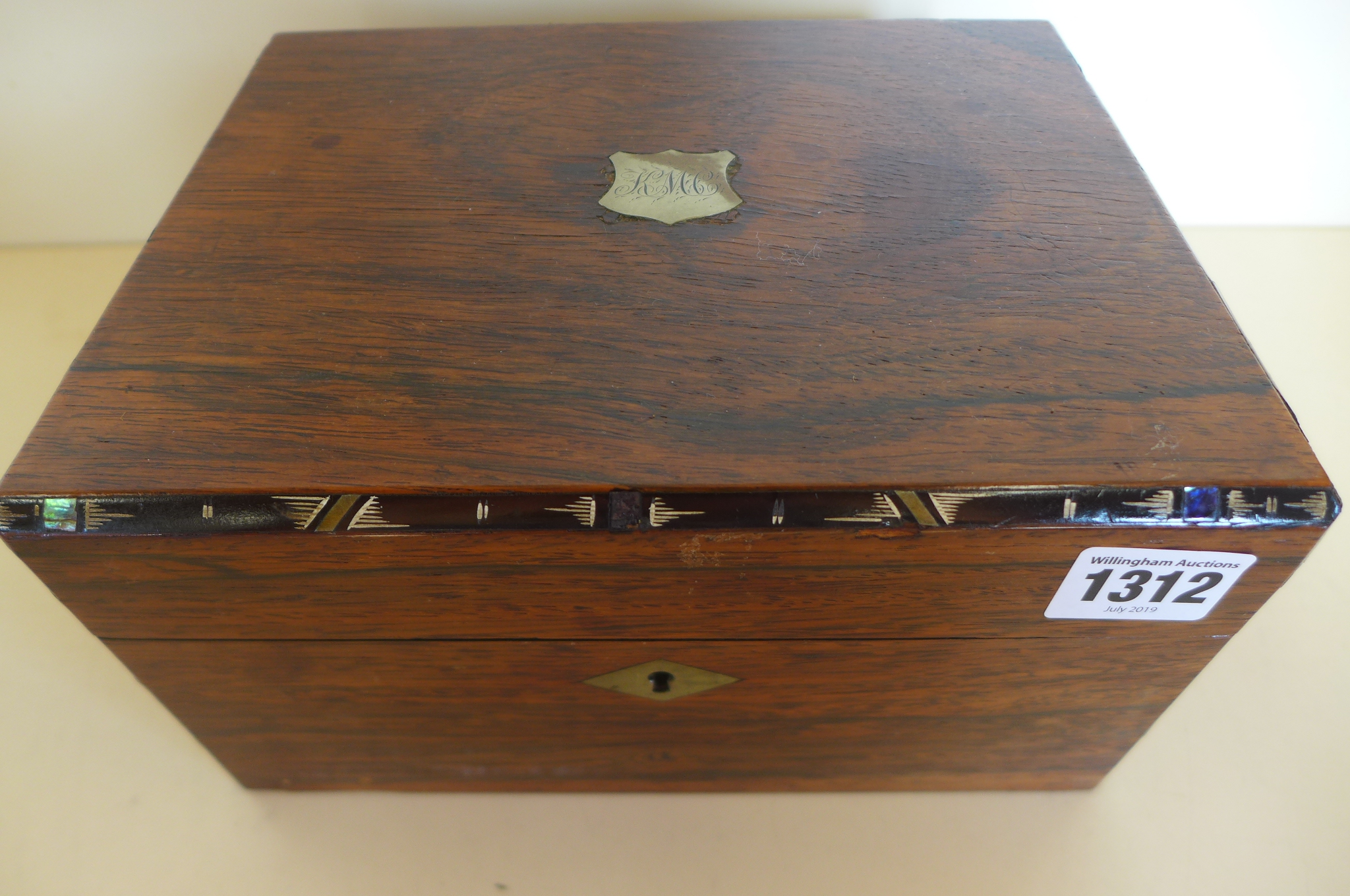 A 19th century rosewood sewing box, with contents - 23cm wide