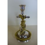 A silver plate and gilt brass anchor candlestick, 18cm tall, in good condition