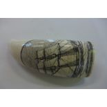 A marine Scrimshaw tooth with two mast sailing ship 12cm long, in good condition