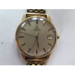 A gents Omega automatic with calendar, a 9ct replacement gold bracelet, gold plated case, width