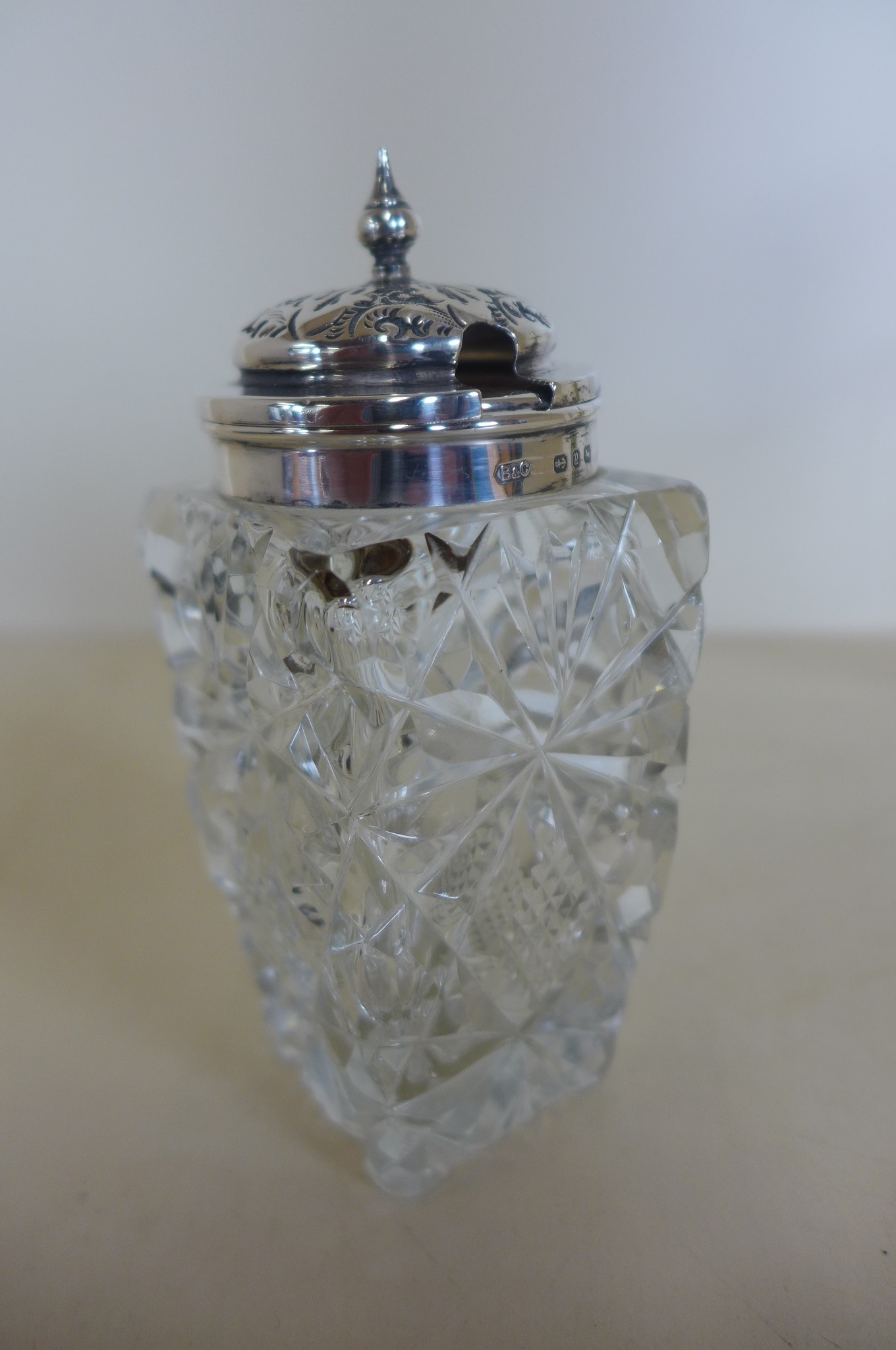A cut glass silver mustard pot, Birmingham 1847 - in good condition, some