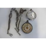 Two small silver pocket watches and a chain - both running