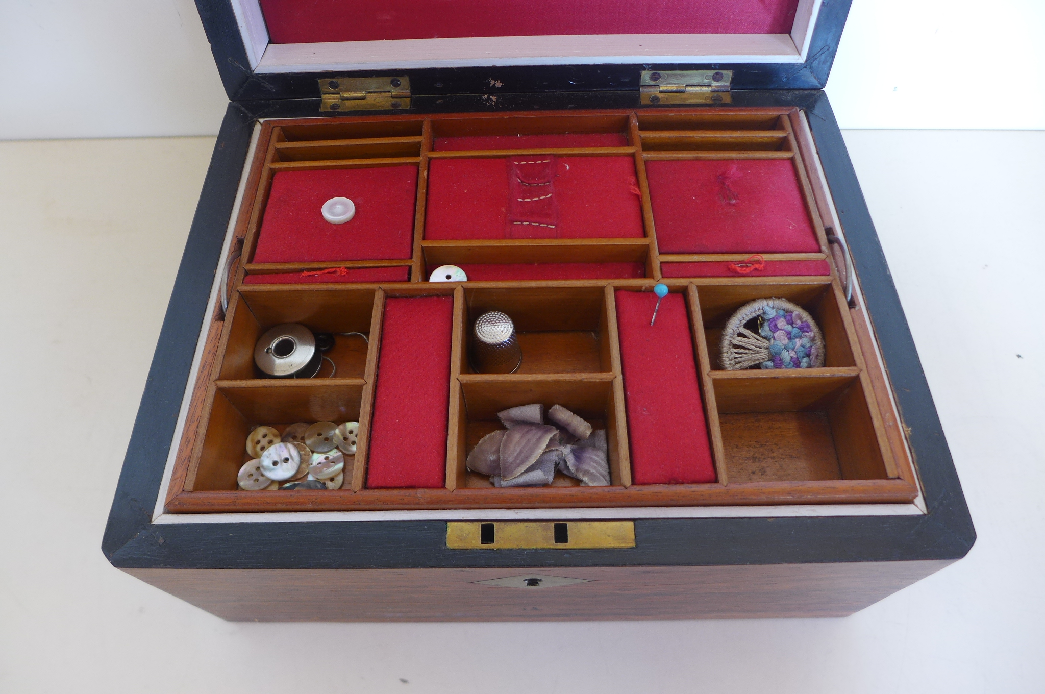 A 19th century rosewood sewing box, with contents - 23cm wide - Image 2 of 2