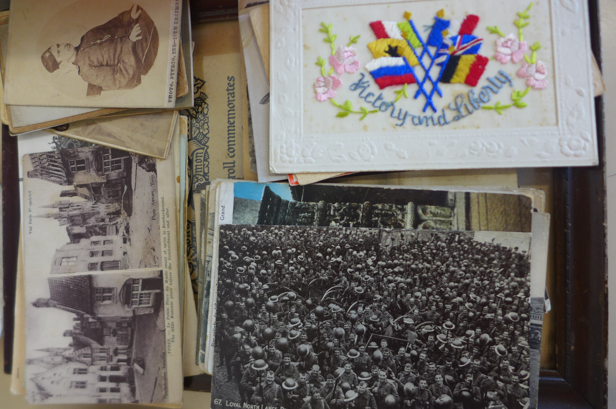 A scroll to Pte Aaron Renshaw Canadian Infantry, assorted Military related postcards, and three - Image 5 of 7