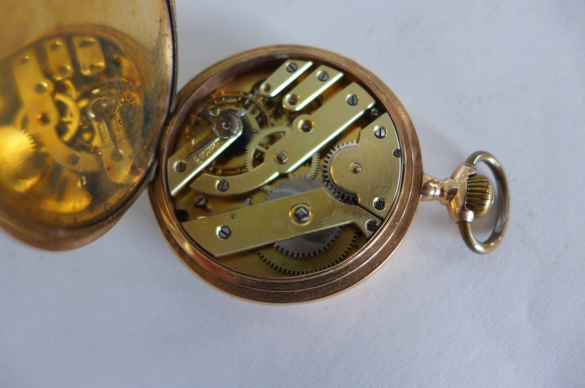 A 14ct yellow gold Hunter pocket watch, 5cm wide with base metal dust cover, approx 80 grams - - Image 5 of 6