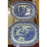 Two Oriental blue and white 19th century octagonal serving dishes, 38cm x 29cm - both with old