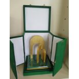 An 800 silver gilt and malachite architectural centre piece, marked 800 - 28cm tall, 22cm x 20cm -