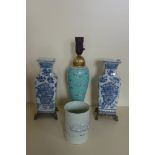 A pair of blue and white crackle glaze vases, approximately 29cm high - in good condition. A Chinese