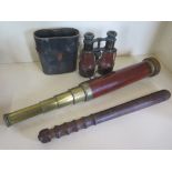 A Jones and son four drawer telescope with wooden lens cap, together with military issue binoculars,