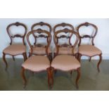 A good set of six Victorian walnut carved dining chairs with serpintine front legs, fully restored