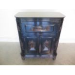A Chinese ebonised carved hardwood cocktail bar cabinet, with lift up top and a series of