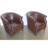 A pair of good quality brown leather studded tub shaped club chairs - 80cm tall x 77cm wide x 80cm