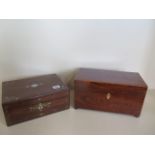 A 19th century mahogany tea caddy, and a Victorian rose wood inlaid jewellery box