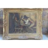 An oil on canvas of two 18th century men drinking, unsigned, frame size approx 27cm x 33cm, in