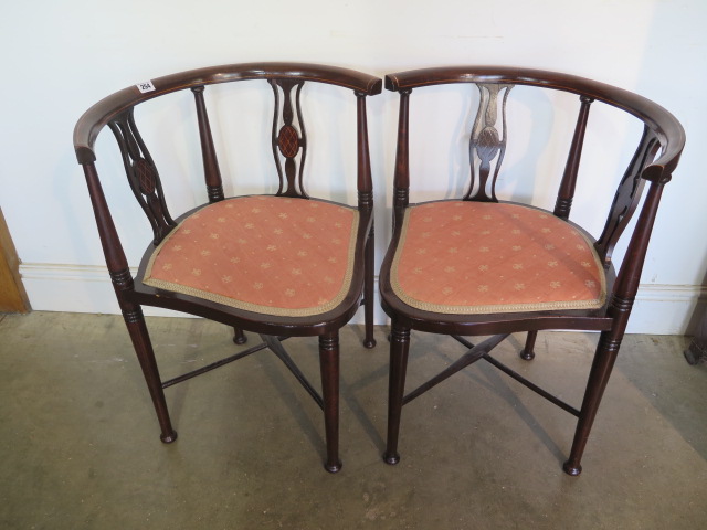 Two Edwardian mahogany and inlaid corner chairs
