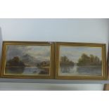 A pair of oil on canvas landscapes, with a man fishing, signed Sidney Lee, in modern gilt frames -