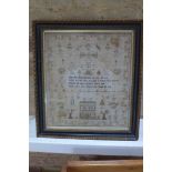 A Pictorial and Prose woolwork sampler by Hester Houghton - 38cm x 33cm - some staining but no holes