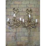 A pair of good gilt bronze three branch all lights, with acorn and ribbon decoration, 84cm tall x