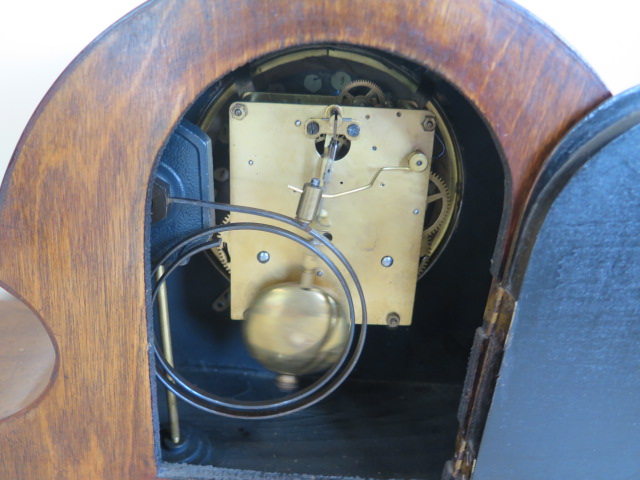 An inlaid mahogany striking mantle clock, 43cm wide, running - Image 2 of 2