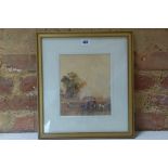 A warercolour depicting figures, horses with a cart near waters edge, unsigned, approx frame size