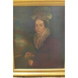 An oil on canvas portrait entitled verso - Lady Mabel, restored by Florence Young 1976 - in a gilt