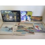 Nine Japanese unframed prints, a panel and three wallets, panel size 21x32cm