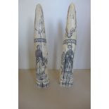 A pair of resin Scrimshaw style ornaments, approx 29cm high, in good condition