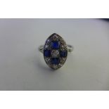 A white metal diamond and sapphire ring, size P. approx 3.4 grams, 17x10mm - possible replacement