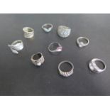 Nine various silver rings, including pearl, marcasite, turquoise set, approx 44 grams