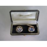 A pair of 9ct cufflinks with chequer board mother of pearl and onyx decoration, approx 10 grams,