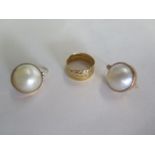 An 18ct ring and a 22ct band, both joined, weight approx 5.3 grams, and a pair of 9ct earrings