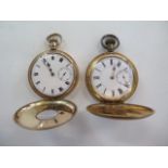 A gold plated half hunter, top wind pocket watch, currently running - and another plated pocket