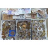 A collection of World coins, and bank notes