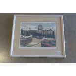 Edward Bawden, print of St Pauls London, in a cream frame, 61x71cm - some fly under glass,