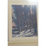 Oil on board by John Rohda - woodland snow in a white painted frame, 92cm x 76cm